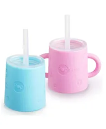PopYum - Silicone Training Cup with Straw Lid 2-Pack for Baby - Blue, Pink
