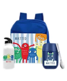 Essmak Mighty Monsters Personalized Thermos and Backpack Set Blue - 11 Inches