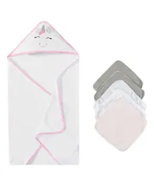 IKKXA Baby Hooded Towel and 5 Face Cloths - Pink & Grey