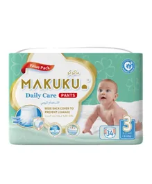 MAKUKU Wide Back Coverage Daily Care Pant Diapers Value Pack Size 3 - 34 Pieces