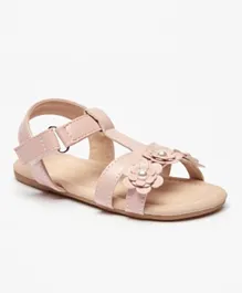 Flora Bella by ShoeExpress Pearl Studded Floral Applique Strap Sandals with Hook and Loop Closure - Pink