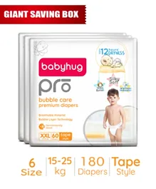 Babyhug Pro Bubble Care Premium Tape Style Diapers Giant Saving Box Size 6 - 180 Pieces