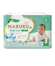 MAKUKU Thin Absorption Core Daily Care Tape Diapers Value Pack Size 3 - 36 Pieces
