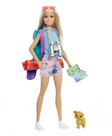 Barbie Malibu Camping Adventure Doll with Puppy & 10 Accessories, Backpack Sleeping Bag Set, 3+ Years, 32.3cm