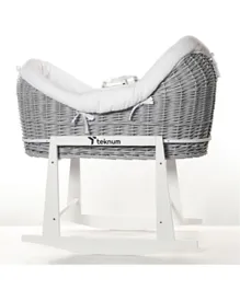 Teknum Infant Wicker Pod Moses Basket with White Waffle Beddings & White Rocker Stand - Wooden Grey