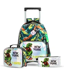 Eazy Kids - 16' Set of 3 Trolley School Bag Lunch Bag & Pencil Case New York Dinosaur - Green