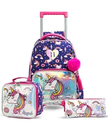 Eazy Kids - 16' Set of 3  Trolley School Bag Lunch Bag & Pencil Case Unicorn Chrome - Blue