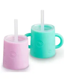 PopYum - Silicone Training Cup with Straw + Lid, 2-Pack for Baby - Green - Pink