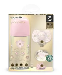 Suavinex Set Premium Wide Neck Feeding Bottle with Anatomical Silicone Teat + Chain + Soother Pink - 270mL.