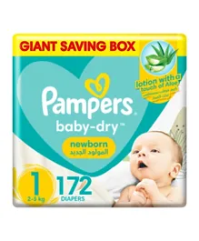 Pampers Baby-Dry Newborn Taped Diapers with Aloe Vera Lotion Giant Saving Box Newborn Size 1 - 172 Diapers