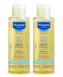 Mustela Baby Massage Oil with Avocado, Hydrating & Soothing, Newborn Safe, 2x100mL Pack