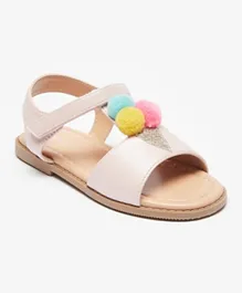 Flora Bella By Shoexpress - Pom Pom Accent Sandals With Hook And Loop Closure - Pink