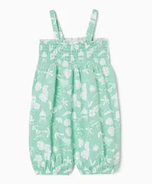 Zippy Tropical Print Strappy Cotton Jumpsuit - Green