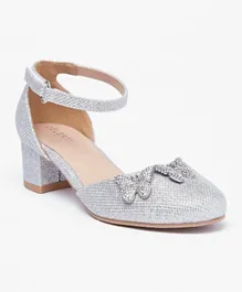 Celeste Girls' Butterfly Embellished Ballerina Shoes with Block Heels - Silver