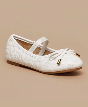 Flora Bella by ShoeExpress Star Quilted Slip On Ballerinas with Elasticated Strap and Bow Applique - White