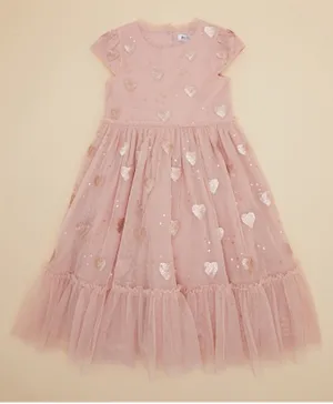 R&B Kids - Heart Shapes Sequined Mesh Dress - Light Pink