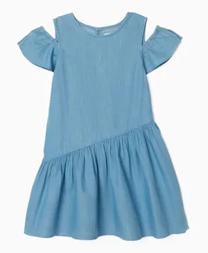 فستان زيبي بأكمام قصيرة - أزرق