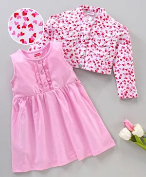 Babyhug Full Sleeves Frock With Jacket Heart Print - Pink