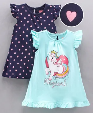 Babyhug Short Sleeves Night Gown Heart and Unicorn Print Pack of 2 - Blue