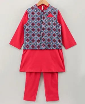 Babyhug Full Sleeves Kurta Pyjama Set with Waistcoat Abstract Floral Print - Maroon Blue