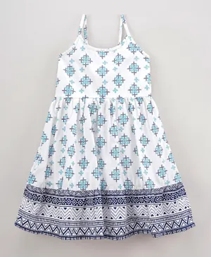 Earthy Touch Singlet Sleeves Printed Ethnic Dress - Light Blue