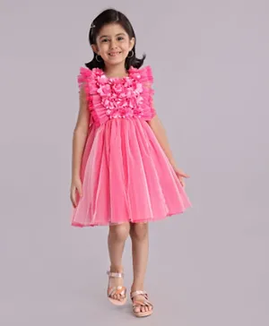 Babyhug Short Frill Sleeves Party Wear Frock with Corsage - Fuchsia