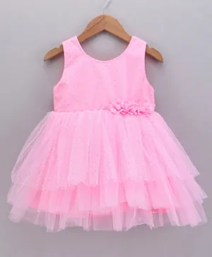 Babyhug Sleeveless Fit and Flare Party Wear Frock with Corsage and Glitter Dot - Pink