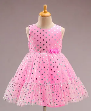 بيبي هاغ فستان حفلات بدون أكمام بطبعة البولكا وتصميم انسيابي متدرج مع كورساج - وردي