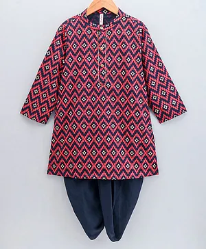 Babyhug Full Sleeves Kurta Dhoti Set Printed - Red Navy Blue