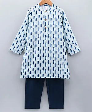 Babyhug Full Sleeves Cotton Kurta & Pyjama Set Printed - Navy Blue
