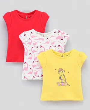 بونفينو قمصان بأكمام نصفية بطبعة ديناصور - عبوة من 3 قطع بالألوان الأحمر والعاجي والأصفر