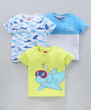 Babyhug Half Sleeves Cotton T-Shirt Shark Print Pack Of 3 - Blue White