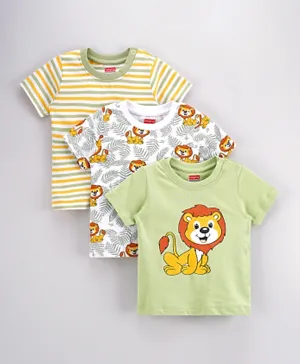 Babyhug 3 Pack Half Sleeves Cotton T-Shirt Animal And Stripe Print - Multicolour