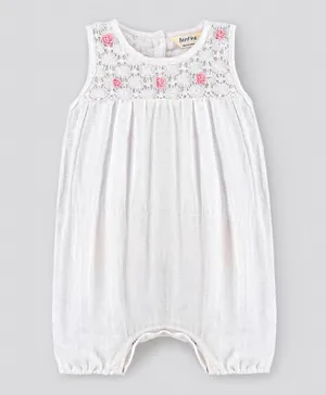 Bonfino girls Sleeveless Romper with Lach and Crocheted flowers detailing - White