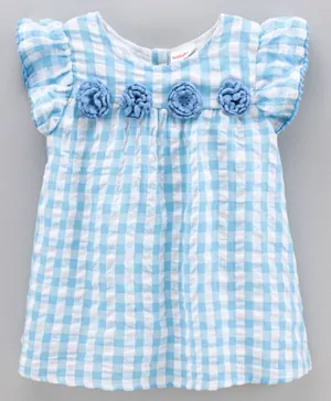 Babyhug Short Sleeves 100% Yarn Dyed Seersucker Checks Frock With Corsage - Blue