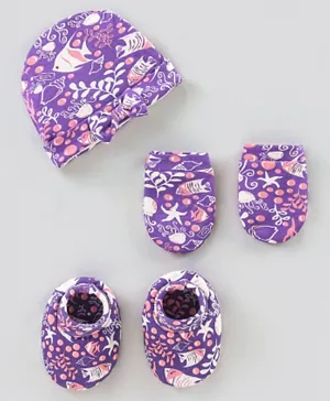 Bonfino - Cotton Cap Mitten & Booties Set Printed Purple - Diameter 12.5 cm