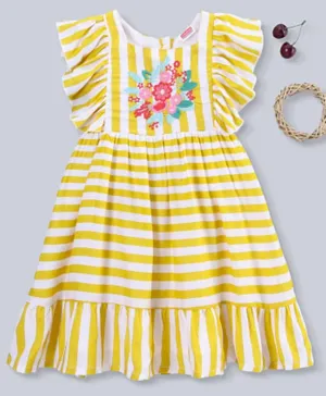 Babyhug Frill Sleeves Embroidered Frock Stripes Print- Yellow