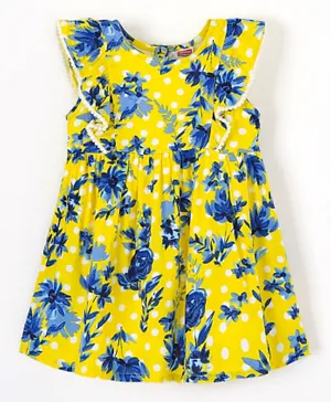Babyhug 100% Rayon Woven Flutter Sleeves Frock Floral Print- Yellow