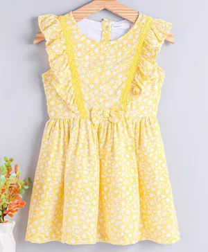 Babyoye Cotton Sleeveless All Over Printed Frock With Bow Applique - Yellow