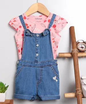 Babyoye Dungaree Style Romper With Cap Slevees Tee - Blue & Pink