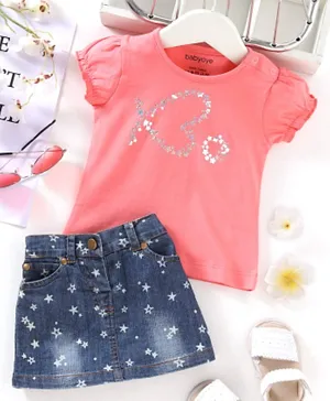 Babyoye Puffed Sleeves Top & Denim Skirt Set Glitter Heart & Stars Print - Pink Blue