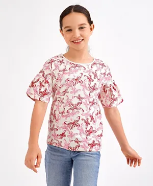 Primo Gino 3/4th Sleeves Cotton T-shirt Butterfly Print - Peach
