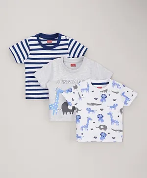 Babyhug Half Sleeves Cotton Striped and Animal Print T-shirts Pack of 3 - Blue Grey
