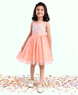 Babyhug Embroidered Frock with Net Detailing - Peach