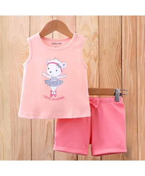 Babyoye Sleeveless Cotton T Shirt And Shorts Set Placement Print - Pink