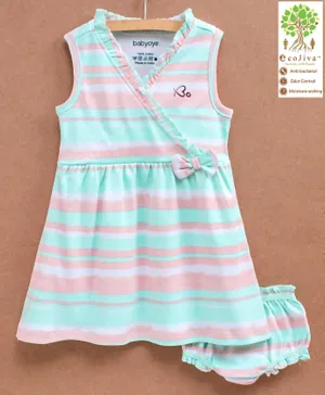 Babyoye Sleeveless Striped Frock With Bow Applique & Bloomer - Pink