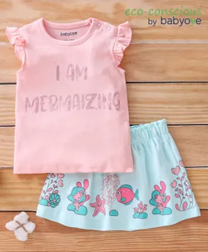 Babyoye Short Cap Sleeves Top & Skirt Set I Am Mermaizing Print - Pink