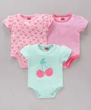 Babyhug 100% Cotton Half Sleeves Cherry Printed and Striped Onesies Pack of 3 - Blue Pink