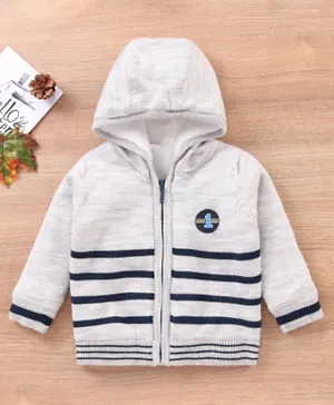 Babyhug Full Sleeves Hooded Sweater Stripes Design- Grey