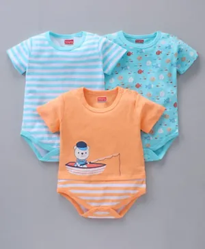 Babyhug 100% Cotton Half Sleeves Onesies Striped And Fish Print - Blue Orange